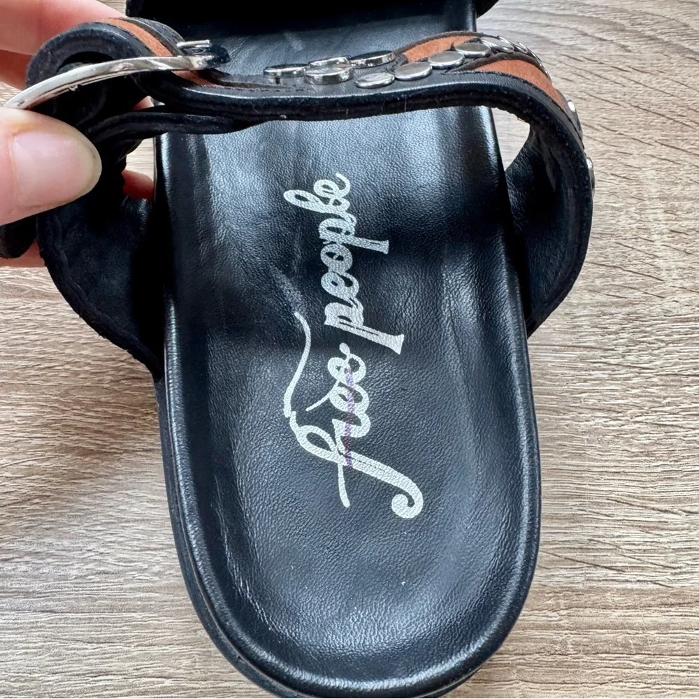 New Free People Revelry Studded Leather Buckle Sandals Black Size 8